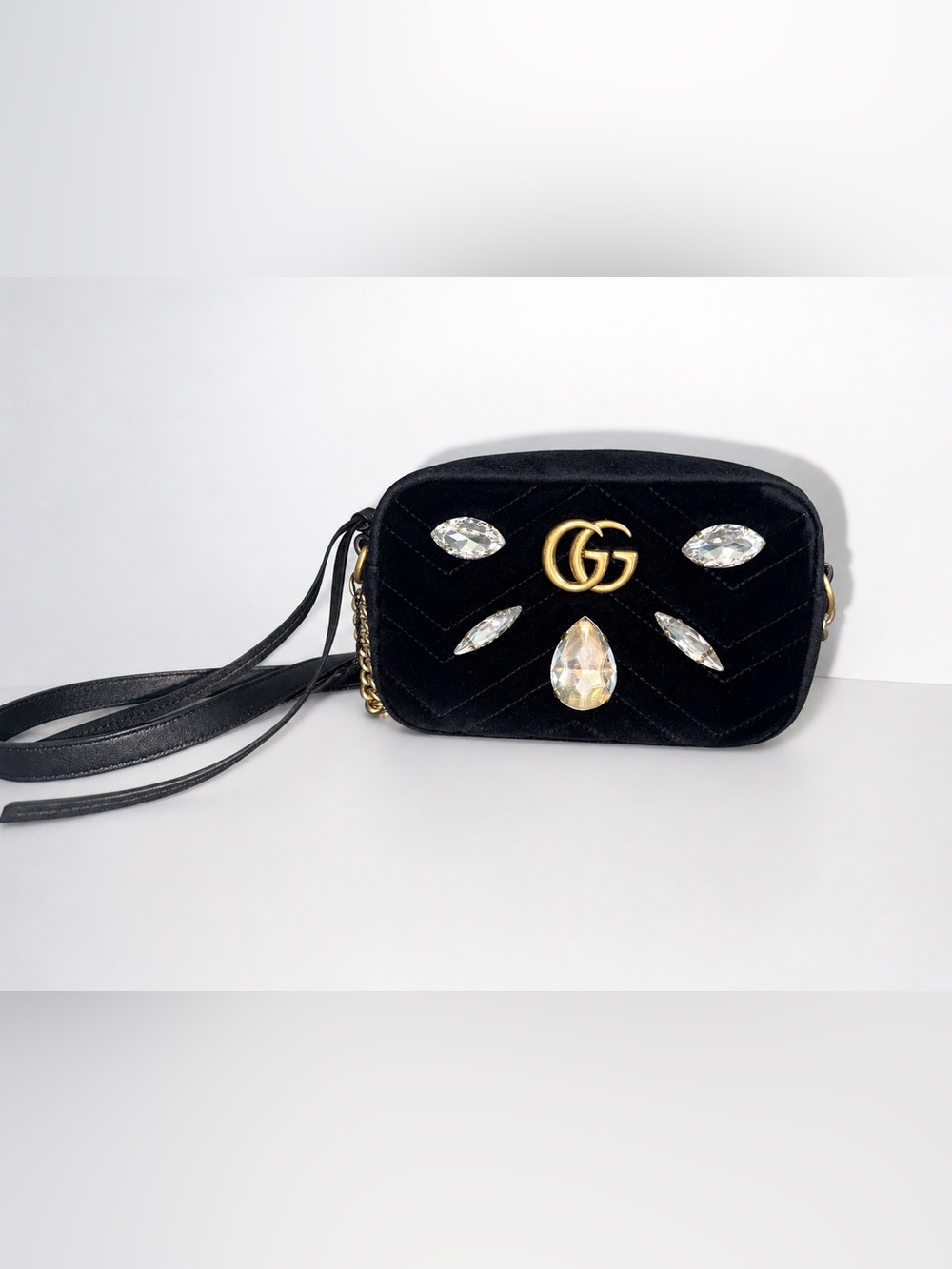 Gucci GG Marmont Velvet Crystal Embellished crossbody Bag in Black & Gold w/COA